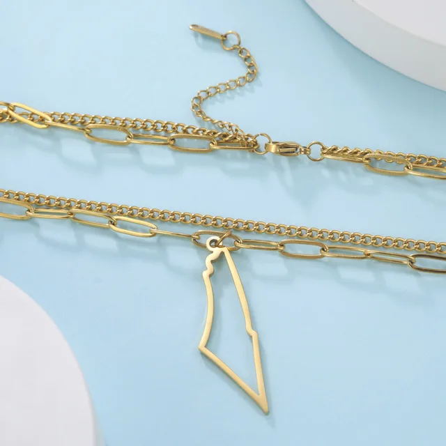 Double Layered Paper-Clip Palestine Map Necklace - Stainless Steel